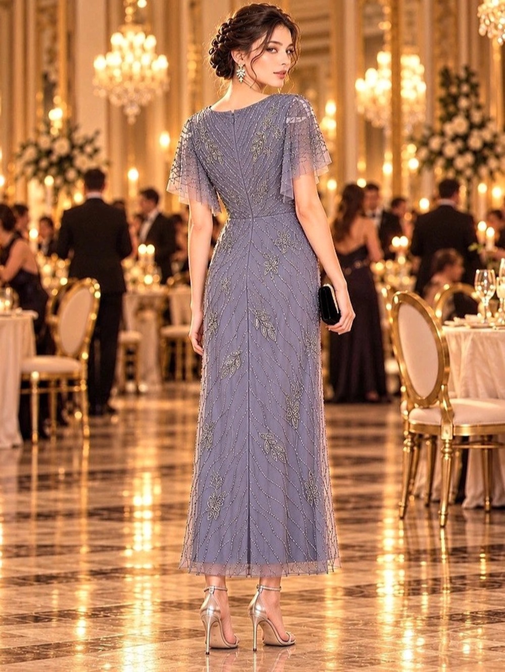 Adrianna Papell Beaded Flutter Sleeve Gown Dusty Lavender Gray Formal Dress - Picture 5 of 8